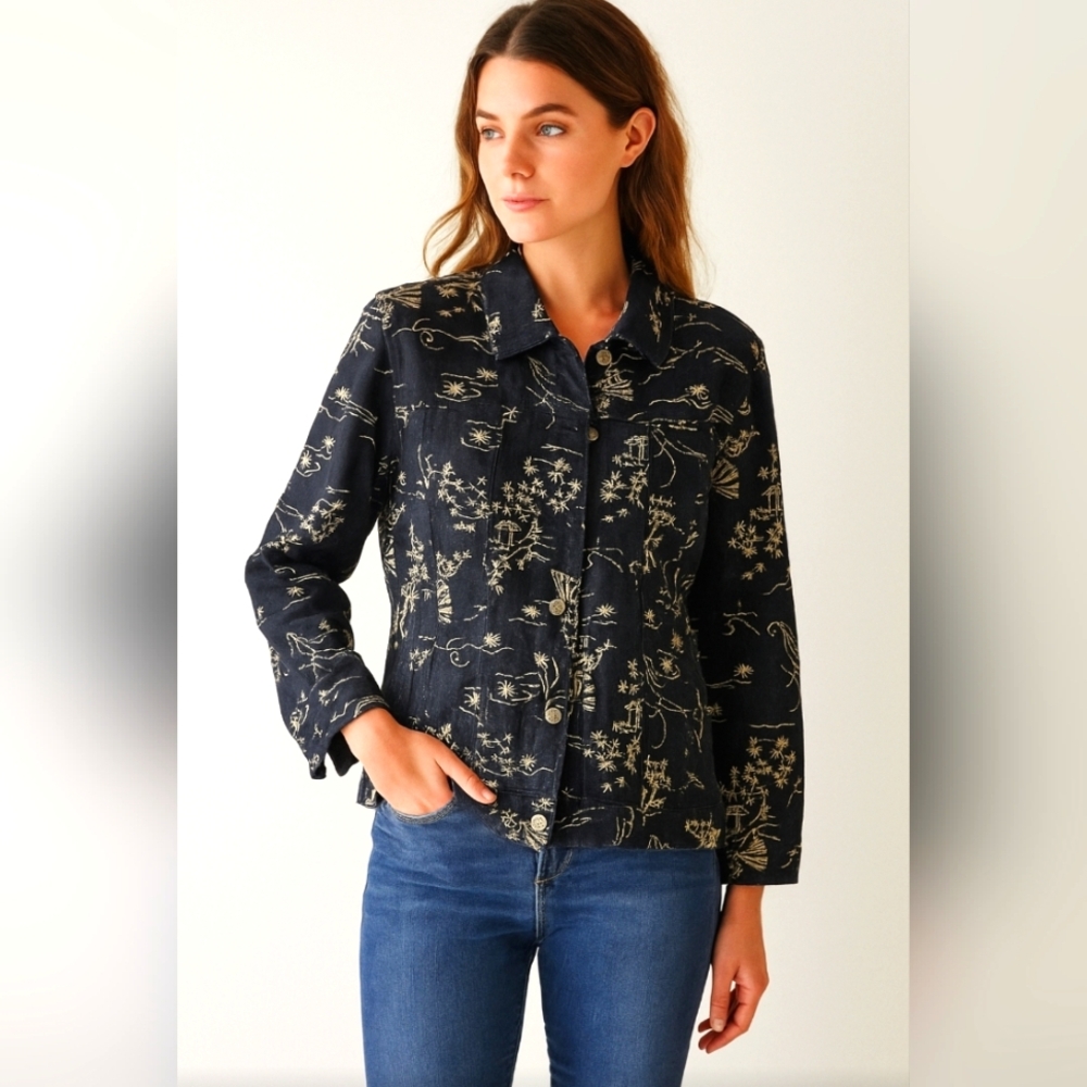 Embroidered Denim Linen Jacket Women’s Medium Oriental Artsy Boho Vintage